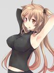  ahoge armpits arms_behind_head asymmetrical_clothes belly_peek black_bodysuit black_skirt blush bodysuit breasts covered_nipples eyebrows_visible_through_hair grey_background hair_flaps hair_ornament hairclip heterochromia hirune_(konekonelkk) impossible_clothes kantai_collection large_breasts light_brown_hair long_hair looking_at_viewer murasame_(kantai_collection) open_mouth remodel_(kantai_collection) simple_background single_sleeve skirt solo upper_body very_long_hair 