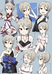  animal_ears black_eyes bra_strap breasts cleavage expressions food fox_ears fox_shadow_puppet grey_hair idolmaster idolmaster_cinderella_girls idolmaster_cinderella_girls_starlight_stage japanese_clothes jewelry juralumin kimono looking_at_viewer medium_breasts necklace off_shoulder pocky shiomi_shuuko short_hair smile solo 