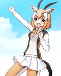  :d animal_ears ascot bangs blue_sky brown_eyes collared_shirt commentary_request cowboy_shot day eyebrows_visible_through_hair hand_up horns kemono_friends looking_at_viewer multicolored multicolored_clothes multicolored_hair multicolored_legwear open_mouth orange_hair orange_neckwear outstretched_arm pantyhose pleated_skirt shirt skirt sky smile solo standing tail thomson's_gazelle_(kemono_friends) totokichi white_skirt wing_collar 