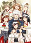  6+girls :d absurdres admiral_(kantai_collection) admiral_farmuhan arm_hug artist_name artist_self-insert black_hair blue_eyes blush brown_eyes brown_hair capelet commentary detached_sleeves english_commentary farmuhan feathers floral_print formal frown fusou_(kantai_collection) glasses green_hair hair_ornament hair_ribbon hairband hand_on_another's_shoulder harem headdress highres hug hug_from_behind italia_(kantai_collection) japanese_clothes jealous kantai_collection littorio_(kantai_collection) long_hair multiple_girls nontraditional_miko open_mouth original pince-nez red_eyes remodel_(kantai_collection) ribbon roma_(kantai_collection) short_hair shoukaku_(kantai_collection) smile suit twintails v waving wavy_hair white_hair yamashiro_(kantai_collection) zuikaku_(kantai_collection) 