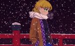 adapted_costume blonde_hair breath coat green_eyes hair_ornament hairclip hands_in_pockets meimaru_inuchiyo mizuhashi_parsee pointy_ears scarf short_hair snowing solo sweater touhou winter_clothes 