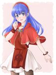  blue_eyes blue_hair blush dress fire_emblem fire_emblem:_fuuin_no_tsurugi hat highres jewelry lilina long_hair looking_at_viewer open_mouth pantyhose shio_(nieve32) simple_background smile solo 