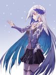  armor breasts brynhildr_(fate) commentary crying crying_eye fate/grand_order fate_(series) gradient gradient_background hair_ornament hand_on_own_chest hand_up highres long_hair looking_to_the_side profile purple_eyes silver_hair simple_background solo standing 