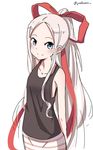  blue_eyes closed_mouth fudatsuki_kyouko fudatsuki_no_kyouko-chan hair_ribbon juralumin long_hair looking_at_viewer red_ribbon ribbon simple_background sketch smile solo tank_top white_background white_hair 