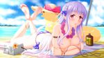  areola_slip areolae ass azur_lane bangle bangs bare_shoulders barefoot beach beach_mat beach_umbrella bikini blue_bikini blue_ribbon blurry blush bokeh bracelet braid braided_bun breasts butt_crack chestnut_mouth cloud collarbone commentary_request covering covering_breasts crossed_ankles cygnet_(azur_lane) day depth_of_field eyebrows_visible_through_hair feet flower flower_bracelet flower_necklace hair_bun hair_ornament hair_ribbon hairclip hat innertube jewelry large_breasts lavender_hair legs_up long_hair looking_at_viewer lotion lying necklace ocean on_stomach outdoors palm_tree_print parted_lips pink_eyes plaid plaid_bikini red_ribbon ribbon sand shirouzu_myuuta side-tie_bikini sidelocks sky soles solo straw_hat sun_hat sunlight sunscreen swimsuit tareme the_pose turret umbrella untied untied_bikini very_long_hair 