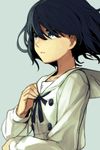  black_eyes black_hair black_neckwear black_ribbon blouse blue_background commentary hair_between_eyes hand_on_own_chest hankuri kokoro_ga_sakebitagatterunda. long_sleeves naruse_jun neck_ribbon parted_lips ribbon sailor_collar school_uniform serafuku short_hair simple_background solo upper_body white_blouse white_sailor_collar 