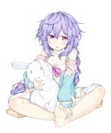  :o bare_shoulders barefoot blush bow bowtie braid breasts butterfly_sitting choker cleavage full_body hair_ribbon highres holding holding_stuffed_animal kami_jigen_game_neptune_v lavender_hair long_hair looking_at_viewer neptune_(series) oyat pink_eyes pururut ribbon simple_background small_breasts solo stuffed_animal stuffed_bunny stuffed_toy white_background white_choker 