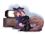  animal_ears commentary_request crying detached_sleeves fate/extra fate_(series) fox_ears japanese_clothes kimono obi off_shoulder pink_hair purple_legwear sash sitting solo tamamo_(fate)_(all) tamamo_no_mae_(fate) tangamja television thighhighs thighs wariza 