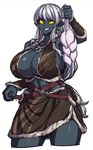  belt breasts cleavage cowboy_shot dark_elf dark_skin elf jewelry large_breasts long_hair md5_mismatch no_pupils original pointy_ears skirt smile solo space_jin testicles weapon white_hair yellow_eyes 