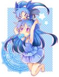  &gt;_&lt; alternate_hairstyle armpits bare_shoulders barefoot black_gloves black_legwear blue_dress blue_hair blush blush_stickers candy cape commentary_request dress dual_persona fang food gloves hair_down hair_ribbon levi_russel lollipop long_hair looking_up lyrical_nanoha magic_circle magical_girl mahou_shoujo_lyrical_nanoha_innocent material-l multiple_girls on_head open_mouth polka_dot polka_dot_background purple_eyes ribbon satsuki_suzuran skirt smile star thighhighs twintails 