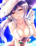  :d ai_takurou alternate_costume beer_can bikini blush breasts brown_eyes can cleavage cloud collarbone covered_nipples day drunk grey_hair hair_between_eyes hat holding holding_can italian_flag kantai_collection large_breasts long_hair looking_at_viewer open_mouth pola_(kantai_collection) round_teeth sky smile solo straw_hat sunlight swimsuit teeth upper_body wavy_hair white_bikini_top wristband 