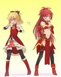  2girls bare_shoulders blonde_hair blush boots choker commentary_request cosplay costume_switch detached_sleeves fang fate/apocrypha fate/grand_order fate_(series) highres long_hair magical_girl mahou_shoujo_madoka_magica miko_(s1748s) miniskirt mordred_(fate) mordred_(fate)_(all) mordred_(fate)_(cosplay) multiple_girls navel no_panties pelvic_curtain ponytail red_hair sakura_kyouko sakura_kyouko_(cosplay) skinny skirt thigh_strap thighhighs 