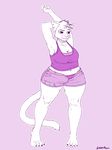  2018 anthro big_breasts breasts cat claws cleavage clothed clothing dyed_fur eyelashes feline female fur greasymojo_(artist) hair mae_(nitw) mammal midriff nails navel night_in_the_woods notched_ear panties raised_arm shirt shorts simple_background slightly_chubby solo standing stretching thick_thighs toe_claws underwear wide_hips 