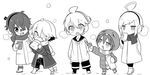  :3 ahoge bandages barefoot boots coat earmuffs eating eyebrows_visible_through_hair fukase greyscale hair_over_one_eye kagamine_len looking_at_another male_focus mizuhoshi_taichi monochrome multiple_boys necktie oliver_(vocaloid) ryuuto_(vocaloid) utatane_piko vocaloid winter_clothes winter_coat 