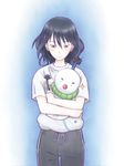  black_hair black_pants blue_background blue_eyes blush chihayafuru gradient gradient_background holding_stuffed_toy looking_at_viewer oniyan pants shirt snowman snowmaru solo standing stuffed_toy wakamiya_shinobu white_shirt 