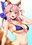  :d animal_ears arm_at_side bangs bare_arms bare_shoulders bikini blue_bikini blue_bikini_top blue_bow blush bow bracelet breasts cleavage collarbone commentary eyebrows_visible_through_hair fang fate/grand_order fate_(series) fox_ears fox_shadow_puppet fox_tail gradient gradient_background groin hair_between_eyes hair_bow hair_ornament halter_top halterneck hand_up heart highres izure_(pixiv16392012) jewelry large_breasts long_hair looking_at_viewer navel necklace open_mouth pink_hair shiny shiny_skin side-tie_bikini sidelocks skindentation smile solo standing stomach strap_gap swimsuit tail tamamo_(fate)_(all) tamamo_no_mae_(swimsuit_lancer)_(fate) underboob yellow_eyes 