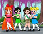  :d absurdres alternate_costume aqua_bow aqua_dress aqua_eyes aqua_ribbon blonde_hair blossom_(ppg) bow brown_eyes brown_hair brown_skirt bubbles_(ppg) buttercup_(ppg) child clapping commentary commission day dress eye_contact flat_chest forest green_bow green_eyes green_hair green_hairband hair_bow hair_ribbon hairband highres j8d lineup long_hair looking_at_another mary_janes multiple_girls nature open_mouth outdoors pantyhose pink_bow pink_eyes plaid plaid_skirt powerpuff_girls red_bow ribbon robin_schneider shoe_bow shoes short_dress short_hair short_sleeves short_twintails skirt smile standing thumbs_up twintails very_long_hair very_short_hair white_legwear 
