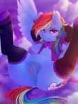  2018 absurd_res anus armwear blue_feathers chest_tuft clothing cloud digital_media_(artwork) dimwitdog equine feathers female friendship_is_magic hi_res legwear looking_at_viewer mammal my_little_pony pegasus pussy rainbow_dash_(mlp) signature solo spread_legs spreading tuft wings 