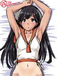  armpits arms_behind_back black_eyes black_hair blush breasts cleavage collarbone i-400_(kantai_collection) kantai_collection long_hair lying navel no_pants on_back on_bed open_mouth school_uniform serafuku small_breasts solo tatsumi_ray upper_body 