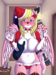  2018 anthro big_breasts blonde_hair blush breast_grab breasts canine christmas christmas_tree clothed clothing cookie disembodied_hand dragon duo female flower food fur hair hand_on_breast hi_res holidays horn hybrid kina_heijima mammal milk nipples pink_fur plant roketchu solo_focus tree underwear wings wolf 