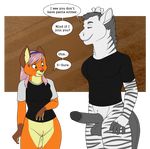  2018 anthro big_penis bottomless brandi_(os) breasts canine clothed clothing duo ear_piercing english_text female fox fur giraffe green_eyes hair hi_res male mammal os penis piercing pink_hair pussy red_fur smile solo_focus speech_bubble standing text 