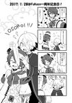  anniversary bandages clover club_(shape) comic flower_(symbol) fukase greyscale head_flag highres laughing male_focus mizuhoshi_taichi monochrome oliver_(vocaloid) vocaloid 