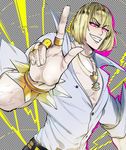  blonde_hair bob_cut eyebrows_visible_through_hair fate/grand_order fate_(series) grin jewelry male_focus mineco000 necklace patterned_background pectorals popped_collar ring sakata_kintoki_(fate/grand_order) shirt smile solo sunglasses twitter_username veins white_shirt 