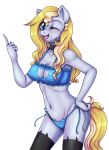  2018 anthro blonde_hair blue_eyes blush bra breasts cat_lingerie cleavage cleavage_cutout clothed clothing collar equine evo_(oc) evomanaphy fan_character female freckles hair happy horse legwear lingerie mammal my_little_pony navel nipple_bulge one_eye_closed panties pointing pony pose solo stockings sweater underwear wink 