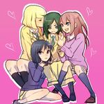  blazer blush cardigan commentary_request girl_sandwich green_neckwear harem heart jacket kneehighs kuroki_tomoko lowres multiple_girls necktie nemoto_hina pantyhose pink_background sandwiched shoes sweater tamura_yuri uchi_emiri watashi_ga_motenai_no_wa_dou_kangaetemo_omaera_ga_warui! wrist_grab yunoi_terere yuri 