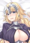  bangs bed_sheet blonde_hair blue_eyes blush braid breasts capelet chain cleavage covered_nipples embarrassed eyebrows_visible_through_hair fate/apocrypha fate/grand_order fate_(series) from_above half-closed_eyes head_tilt headpiece highres jeanne_d'arc_(fate) jeanne_d'arc_(fate)_(all) kazami_chiu large_breasts long_hair looking_at_viewer lying nose_blush on_back open_mouth plackart purple_capelet shiny shiny_hair sidelocks single_braid solo sweat upper_body wavy_mouth 