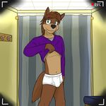  anthro briefs brown_hair bulge canine clothing eyewear fitting_room fuze glasses gray_shirt hair inside male mammal purple_sweater shirt solo sweater tighty_whities underwear white_underwear wolf 