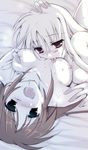  2girls bed blue_eyes breasts couple fate_testarossa licking long_hair lying lyrical_nanoha mahou_shoujo_lyrical_nanoha mahou_shoujo_lyrical_nanoha_strikers mahou_shoujo_lyrical_nanoha_vivid monochrome multiple_girls nipples nude red_eyes takamachi_nanoha yuri 