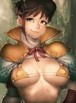  bikini bikini_top breasts brown_eyes brown_hair commentary_request covered_nipples eyebrows eyebrows_visible_through_hair fumio_(rsqkr) goggles goggles_on_head handler_(monster_hunter_world) lips looking_at_viewer medium_breasts monster_hunter monster_hunter:_world nose short_hair skindentation smile solo swimsuit upper_body yellow_bikini 