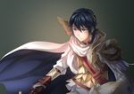  alfonse_(fire_emblem) armor blonde_hair blue_eyes blue_hair cape feathers feroz fire_emblem fire_emblem_heroes gloves male_focus multicolored_hair shield solo sword teeth two-tone_hair upper_body weapon 