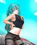  armad bad_id bad_pixiv_id bag bare_shoulders black_legwear black_shirt blue_eyes blue_hair blue_sky breasts cloud colored_eyelashes covered_nipples crop_top day fishnet_legwear fishnets hand_on_hip hand_up hatsune_miku highres long_hair looking_to_the_side medium_breasts midriff nail_polish navel outdoors pantyhose pubic_hair pussy see-through shirt sky sleeveless sleeveless_shirt smile solo standing tied_hair twintails uncensored vocaloid 