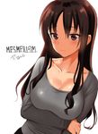  blush breasts brown_eyes brown_hair cleavage collarbone commentary_request highres large_breasts long_hair long_sleeves looking_at_viewer original saikawa_yusa simple_background sketch solo white_background 