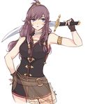  armlet breasts cowboy_shot dress fingerless_gloves fire_emblem fire_emblem:_seima_no_kouseki gloves hand_on_hip highres lips long_hair marica_(fire_emblem) medium_breasts nana_(mizukas) o-ring over_shoulder ponytail purple_eyes purple_hair scimitar see-through short_dress sidelocks simple_background sleeveless solo sword twitter_username weapon weapon_over_shoulder white_background 