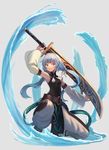  belt detached_sleeves holding holding_sword holding_weapon long_hair low_twintails one_knee original peroncho red_eyes simple_background solo sword twintails water waves weapon white_hair 