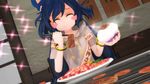  ^_^ bangle blue_hair blush_stickers bow bowl bracelet closed_eyes debt eating food furui grey_jacket grill hair_bow highres indoors jacket jewelry meat mikumikudance plate rice short_sleeves solo sparkle touhou yakiniku yorigami_shion 