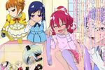  1boy 4girls aida_mana blue_eyes blue_hair blush dokidoki!_precure femdom hishikawa_rikka ira_(dokidoki!_precure) kenzaki_makoto multiple_girls pink_hair precure puii purple_eyes purple_hair shoes_removed smell smelling socks_removed text translation_request yotsuba_alice 