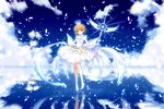  ahoge arm_at_side bare_legs blue_sky cardcaptor_sakura closed_mouth cloud crown day dress eyebrows_visible_through_hair feathered_wings full_body gloves green_eyes haruki_(colorful_macaron) high_heels highres holding holding_wand kinomoto_sakura light looking_at_viewer orange_hair petals reflection ripples see-through short_hair sky sleeveless sleeveless_dress smile solo standing standing_on_liquid star twitter_username wand water white_dress white_footwear white_gloves white_wings wings yume_no_tsue 