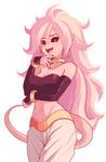  absurdres android_21 black_nails black_sclera bracelet breasts cleavage detached_sleeves dragon_ball dragon_ball_fighterz earrings fangs harem_pants highres hoop_earrings jewelry long_hair looking_at_viewer majin_android_21 nail_polish open_mouth pants pink_hair pink_skin red_eyes sally_(luna-arts) simple_background smile solo tail 