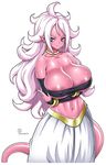  android_21 areolae artist_name blue_eyes bracelet breasts choker cleavage crossed_arms dragon_ball dragon_ball_fighterz earrings hoop_earrings huge_breasts jewelry long_hair looking_to_the_side majin_android_21 midriff navel onomeshin pink_skin simple_background solo tail white_background white_hair 