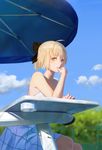 absurdres ahoge alternate_costume arm_rest artist_name bangs bare_arms bare_shoulders beach_umbrella black_bow blonde_hair blue_sky blurry blurry_background bow casual cloud day depth_of_field dress eyebrows_visible_through_hair fate/grand_order fate_(series) feet_out_of_frame hair_bow half_updo highres leiq looking_at_viewer okita_souji_(fate) okita_souji_(fate)_(all) open_mouth outdoors print_dress short_hair sitting sky sleeveless sleeveless_dress solo table thumb_to_mouth tree umbrella white_dress yellow_eyes 