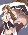  ;d ahoge bare_shoulders black_legwear black_skirt boots brown_hair commentary detached_sleeves double_bun from_below hairband headgear highres japanese_clothes kantai_collection kongou_(kantai_collection) long_hair mtu_(orewamuzituda) multiple_views nontraditional_miko one_eye_closed open_mouth panties pleated_skirt purple_eyes remodel_(kantai_collection) ribbon-trimmed_sleeves ribbon_trim simple_background skirt smile thigh_boots thighhighs underwear white_panties wide_sleeves 