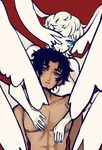  2boys asuka_ryou black_hair blonde_hair blue_eyes brown_eyes closed_mouth devilman devilman_crybaby duo eyebrows feathered_wings feathers fudou_akira head_wings large_wings long_hair multiple_boys nude red_background shirtless short_hair simple_background wings 