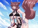  animal_ears bare_shoulders blue_sky breasts brown_hair chain cleavage collar commentary_request day dog_ears gloves huge_breasts knife kuon_yashiro navel navel_cutout o-ring o-ring_top open_mouth original red_eyes sheath short_hair sky solo thigh_strap underboob white_gloves 