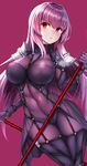  :o armor bangs beeyan bodysuit breasts covered_collarbone covered_navel dual_wielding eyebrows_visible_through_hair fate/grand_order fate_(series) gae_bolg hair_between_eyes hair_intakes highres holding holding_weapon impossible_bodysuit impossible_clothes large_breasts legs_together long_hair looking_at_viewer polearm purple_background purple_bodysuit purple_hair red_eyes scathach_(fate)_(all) scathach_(fate/grand_order) shiny shiny_hair shoulder_armor simple_background skin_tight solo standing thick_thighs thighs turtleneck very_long_hair weapon 