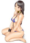  bikini black_hair blue_bikini breasts brown_eyes chain closed_mouth collar collarbone long_hair looking_to_the_side medium_breasts muffin_(sirumeria) original simple_background sitting solo swimsuit 