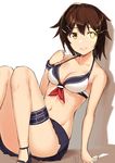  adapted_costume bikini bikini_skirt black_skirt breasts brown_eyes brown_hair collarbone furutaka_(kantai_collection) glowing glowing_eye heterochromia kantai_collection medium_breasts pleated_skirt poco_(backboa) short_hair signature skirt smile solo swimsuit white_bikini yellow_eyes 